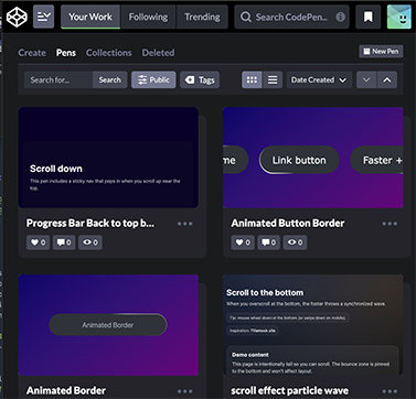 codepen effects & features prototyped here website preview